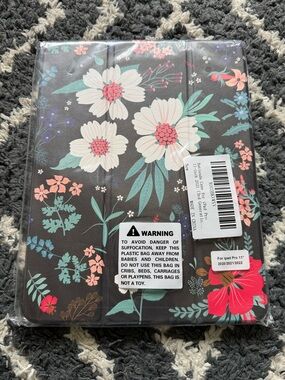 Floral Tablet Case - Black Background with White, Pink & Teal Flowers